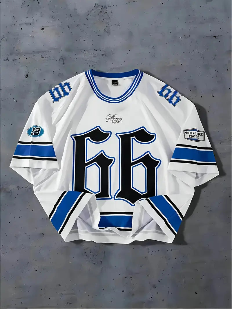 Men's #66 3D Printed Hockey Jersey - White with Blue Accents, Short Sleeve, Round Neck, Polyester, Casual Sports Shirt for Fans & Players